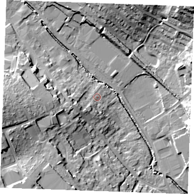 Shaded relief map of the ground around CB98ED, computed from Environment Agency LiDAR. The ground here sits at about 66 m above sea level and falls 27 m across the surrounding 800 m. Surface water reaching this point runs off ground lying to the west-south-west, 6.4 m higher.