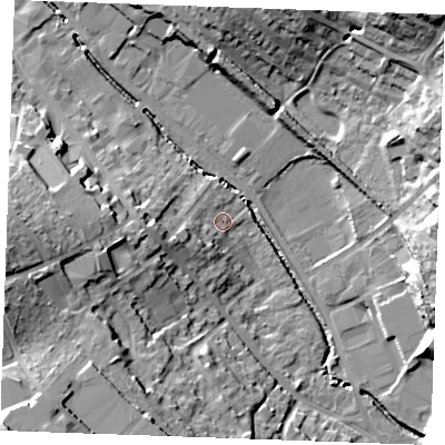 Shaded relief map of the ground around CB98EF, computed from Environment Agency LiDAR. The ground here sits at about 64 m above sea level and falls 30 m across the surrounding 800 m. Surface water reaching this point runs off ground lying to the west-south-west, 6.7 m higher.