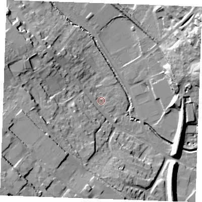 Shaded relief map of the ground around CB98EH, computed from Environment Agency LiDAR. The ground here sits at about 63 m above sea level and falls 34 m across the surrounding 800 m. Surface water reaching this point runs off ground lying to the west-south-west, 9.4 m higher.