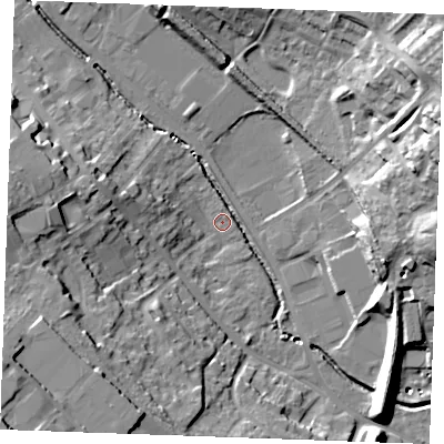 Shaded relief map of the ground around CB98EQ, computed from Environment Agency LiDAR. The ground here sits at about 63 m above sea level and falls 31 m across the surrounding 800 m. Surface water reaching this point runs off ground lying to the west-south-west, 24.2 m higher.