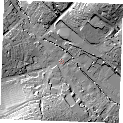 Shaded relief map of the ground around CB98FH, computed from Environment Agency LiDAR. The ground here sits at about 66 m above sea level and falls 30 m across the surrounding 800 m. Surface water reaching this point runs off ground lying to the south-south-west, 24.5 m higher.