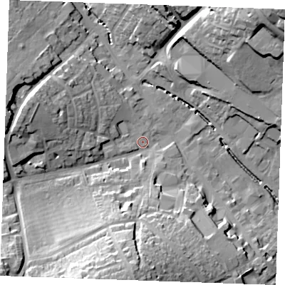 Shaded relief map of the ground around CB98HB, computed from Environment Agency LiDAR. The ground here sits at about 67 m above sea level and falls 29 m across the surrounding 800 m. Surface water reaching this point runs off ground lying to the south-south-west, 24.2 m higher.