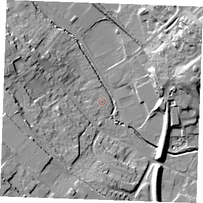 Shaded relief map of the ground around CB98QN, computed from Environment Agency LiDAR. The ground here sits at about 63 m above sea level and falls 32 m across the surrounding 800 m. Surface water reaching this point runs off ground lying to the south-west, 1.0 m higher.