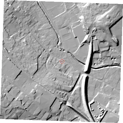 Shaded relief map of the ground around CB98QQ, computed from Environment Agency LiDAR. The ground here sits at about 63 m above sea level and falls 30 m across the surrounding 800 m. Surface water reaching this point runs off ground lying to the west-south-west, 26.0 m higher.