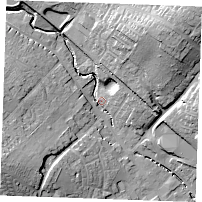Shaded relief map of the ground around CB99DT, computed from Environment Agency LiDAR. The ground here sits at about 67 m above sea level and falls 32 m across the surrounding 800 m. Surface water reaching this point runs off ground lying to the north-east, 27.3 m higher.