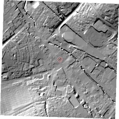Shaded relief map of the ground around CB99DY, computed from Environment Agency LiDAR. The ground here sits at about 66 m above sea level and falls 31 m across the surrounding 800 m. Surface water reaching this point runs off ground lying to the south-south-west, 22.6 m higher.