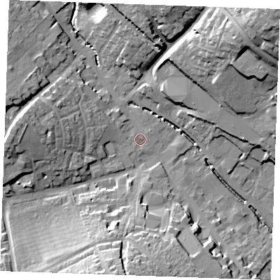 Shaded relief map of the ground around CB99DZ, computed from Environment Agency LiDAR. The ground here sits at about 66 m above sea level and falls 31 m across the surrounding 800 m. Surface water reaching this point runs off ground lying to the west, 14.2 m higher.