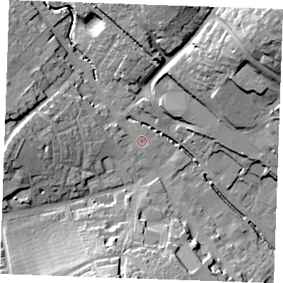 Shaded relief map of the ground around CB99EF, computed from Environment Agency LiDAR. The ground here sits at about 66 m above sea level and falls 31 m across the surrounding 800 m. Surface water reaching this point runs off ground lying to the west, 4.1 m higher.