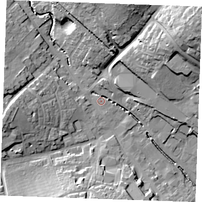Shaded relief map of the ground around CB99EG, computed from Environment Agency LiDAR. The ground here sits at about 66 m above sea level and falls 31 m across the surrounding 800 m. Surface water reaching this point runs off ground lying to the north-east, 30.3 m higher.