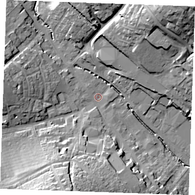Shaded relief map of the ground around CB99EQ, computed from Environment Agency LiDAR. The ground here sits at about 65 m above sea level and falls 30 m across the surrounding 800 m. Surface water reaching this point runs off ground lying to the south-south-west, 24.3 m higher.