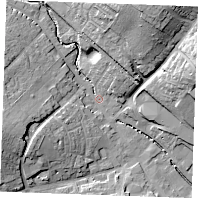 Shaded relief map of the ground around CB99HA, computed from Environment Agency LiDAR. The ground here sits at about 66 m above sea level and falls 29 m across the surrounding 800 m. Surface water reaching this point runs off ground lying to the north-north-east, 26.5 m higher.