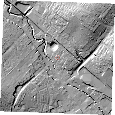 Shaded relief map of the ground around CB99HD, computed from Environment Agency LiDAR. The ground here sits at about 69 m above sea level and falls 32 m across the surrounding 800 m. Surface water reaching this point runs off ground lying to the east-north-east, 5.5 m higher.