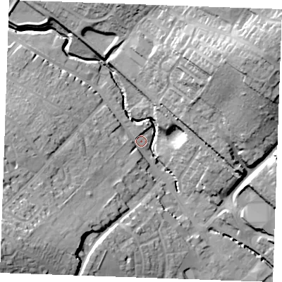 Shaded relief map of the ground around CB99HE, computed from Environment Agency LiDAR. The ground here sits at about 67 m above sea level and falls 31 m across the surrounding 800 m. Surface water reaching this point runs off ground lying to the south-west, 27.7 m higher.