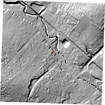Shaded relief map of the ground around CB99HF, computed from Environment Agency LiDAR. The ground here sits at about 69 m above sea level and falls 31 m across the surrounding 800 m. Surface water reaching this point runs off ground lying to the west-south-west, 27.7 m higher.