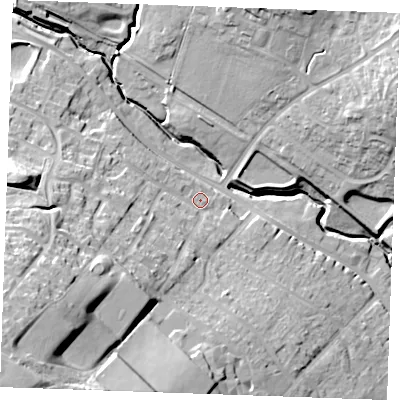 Shaded relief map of the ground around CB99HL, computed from Environment Agency LiDAR. The ground here sits at about 73 m above sea level and falls 38 m across the surrounding 800 m. Surface water reaching this point runs off ground lying to the south-west, 28.7 m higher.