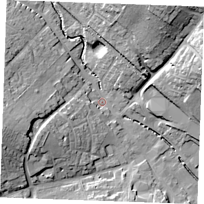Shaded relief map of the ground around CB99LA, computed from Environment Agency LiDAR. The ground here sits at about 66 m above sea level and falls 28 m across the surrounding 800 m. Surface water reaching this point runs off ground lying to the north-north-east, 24.4 m higher.