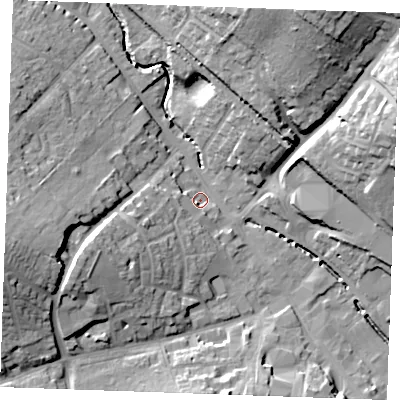 Shaded relief map of the ground around CB99LB, computed from Environment Agency LiDAR. The ground here sits at about 66 m above sea level and falls 27 m across the surrounding 800 m. Surface water reaching this point runs off ground lying to the west-south-west, 11.4 m higher.