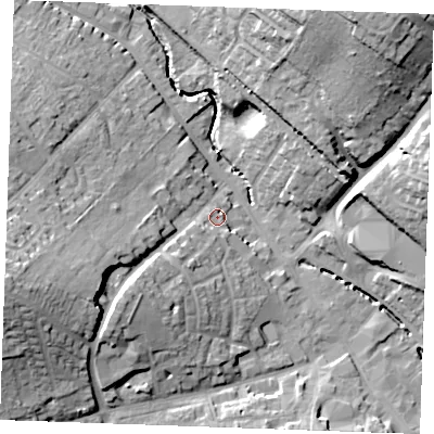 Shaded relief map of the ground around CB99LD, computed from Environment Agency LiDAR. The ground here sits at about 68 m above sea level and falls 29 m across the surrounding 800 m. Surface water reaching this point runs off ground lying to the south-west, 12.2 m higher.