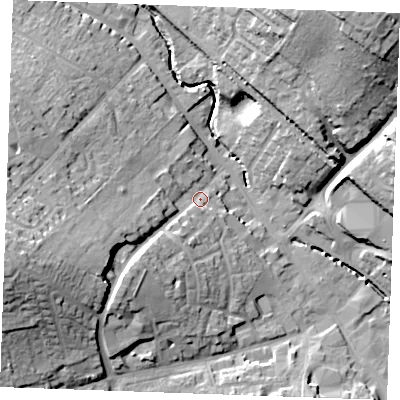 Shaded relief map of the ground around CB99LE, computed from Environment Agency LiDAR. The ground here sits at about 69 m above sea level and falls 28 m across the surrounding 800 m. Surface water reaching this point runs off ground lying to the west-south-west, 17.7 m higher.