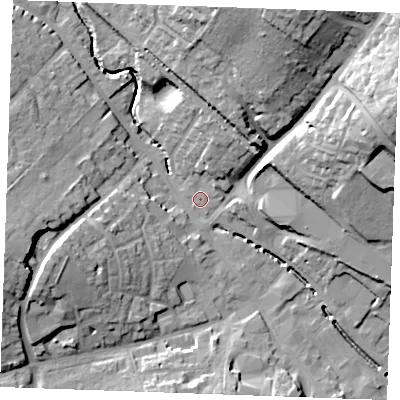 Shaded relief map of the ground around CB99PF, computed from Environment Agency LiDAR. The ground here sits at about 66 m above sea level and falls 29 m across the surrounding 800 m. Surface water reaching this point runs off ground lying to the north-north-east, 24.3 m higher.
