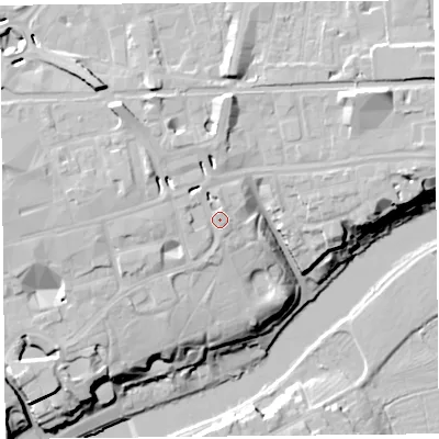 Shaded relief map of the ground around CH11QQ, computed from Environment Agency LiDAR. The ground here sits at about 20 m above sea level and falls 22 m across the surrounding 800 m. Surface water reaching this point runs off ground lying to the west, 3.8 m higher.