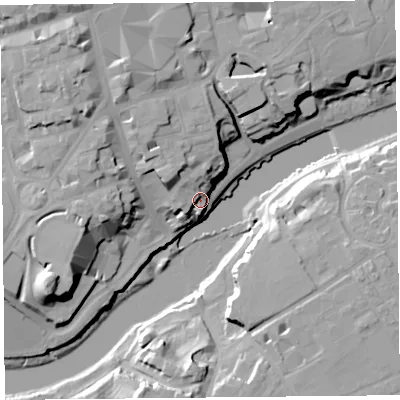Shaded relief map of the ground around CH11SB, computed from Environment Agency LiDAR. The ground here sits at about 13 m above sea level and falls 26 m across the surrounding 800 m. Surface water reaching this point runs off ground lying to the north-north-west, 14.5 m higher.