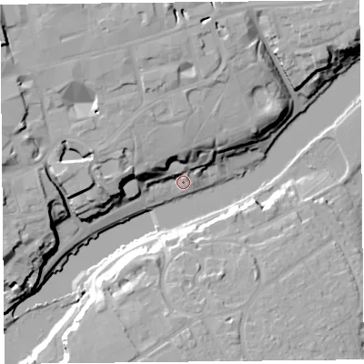 Shaded relief map of the ground around CH11SD, computed from Environment Agency LiDAR. The ground here sits at about 7 m above sea level and falls 25 m across the surrounding 800 m. Surface water reaching this point runs off ground lying to the north-west, 16.6 m higher.