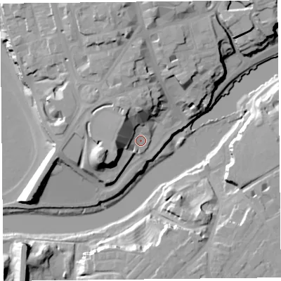 Shaded relief map of the ground around CH11SL, computed from Environment Agency LiDAR. The ground here sits at about 11 m above sea level and falls 25 m across the surrounding 800 m. Surface water reaching this point runs off ground lying to the north-west, 12.1 m higher.