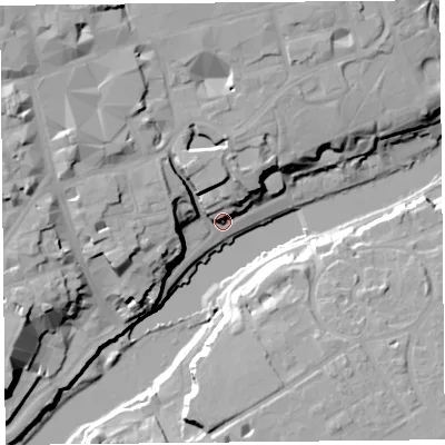 Shaded relief map of the ground around CH11SZ, computed from Environment Agency LiDAR. The ground here sits at about 10 m above sea level and falls 27 m across the surrounding 800 m. Surface water reaching this point runs off ground lying to the north-west, 22.2 m higher.