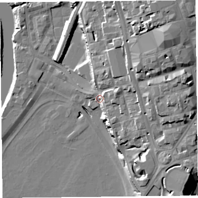 Shaded relief map of the ground around CH12LY, computed from Environment Agency LiDAR. The ground here sits at about 11 m above sea level and falls 29 m across the surrounding 800 m. Surface water reaching this point runs off ground lying to the east-north-east, 12.8 m higher.