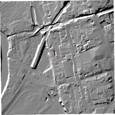 Shaded relief map of the ground around CH12NN, computed from Environment Agency LiDAR. The ground here sits at about 17 m above sea level and falls 32 m across the surrounding 800 m. Surface water reaching this point runs off ground lying to the north-east, 8.1 m higher.