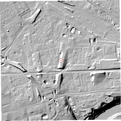 Shaded relief map of the ground around CH13AE, computed from Environment Agency LiDAR. The ground here sits at about 21 m above sea level and falls 20 m across the surrounding 800 m. Surface water reaching this point runs off ground lying to the south, 4.0 m higher.