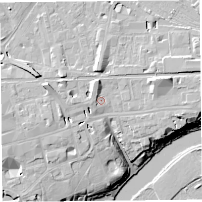 Shaded relief map of the ground around CH13AT, computed from Environment Agency LiDAR. The ground here sits at about 20 m above sea level and falls 20 m across the surrounding 800 m. Surface water reaching this point runs off ground lying to the north, 4.1 m higher.