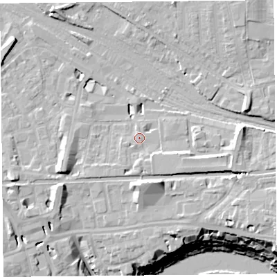 Shaded relief map of the ground around CH13BB, computed from Environment Agency LiDAR. The ground here sits at about 20 m above sea level and falls 21 m across the surrounding 800 m. Surface water reaching this point runs off ground lying to the east-south-east, 4.6 m higher.