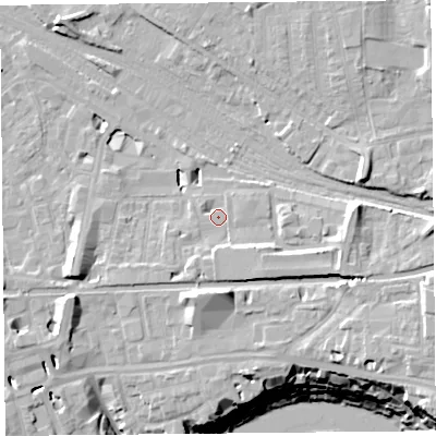 Shaded relief map of the ground around CH13BF, computed from Environment Agency LiDAR. The ground here sits at about 20 m above sea level and falls 21 m across the surrounding 800 m. Surface water reaching this point runs off ground lying to the south-east, 4.6 m higher.
