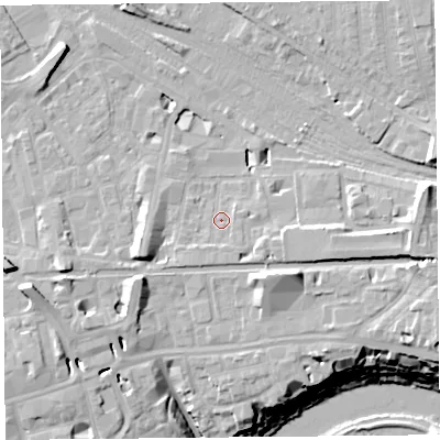 Shaded relief map of the ground around CH13BH, computed from Environment Agency LiDAR. The ground here sits at about 20 m above sea level and falls 21 m across the surrounding 800 m. Surface water reaching this point runs off ground lying to the south-south-west, 1.9 m higher.