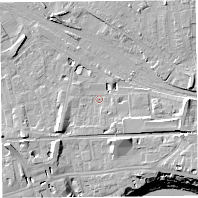 Shaded relief map of the ground around CH13BQ, computed from Environment Agency LiDAR. The ground here sits at about 19 m above sea level and falls 21 m across the surrounding 800 m. Surface water reaching this point runs off ground lying to the south-south-east, 7.9 m higher.