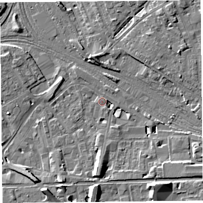 Shaded relief map of the ground around CH13DR, computed from Environment Agency LiDAR. The ground here sits at about 19 m above sea level and falls 9 m across the surrounding 800 m. Surface water reaching this point runs off ground lying to the south-south-east, 7.8 m higher.