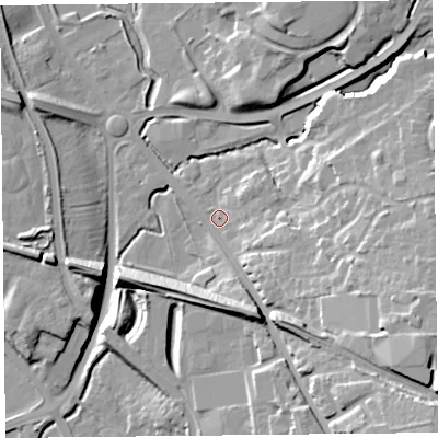 Shaded relief map of the ground around CH14AJ, computed from Environment Agency LiDAR. The ground here sits at about 8 m above sea level and falls 24 m across the surrounding 800 m. Surface water reaching this point runs off ground lying to the south-east, 20.1 m higher.