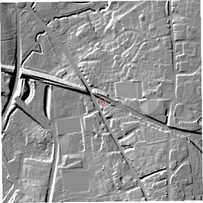 Shaded relief map of the ground around CH14AQ, computed from Environment Agency LiDAR. The ground here sits at about 15 m above sea level and falls 28 m across the surrounding 800 m. Surface water reaching this point runs off ground lying to the south-east, 18.3 m higher.