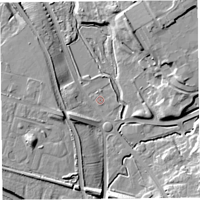 Shaded relief map of the ground around CH14AY, computed from Environment Agency LiDAR. The ground here sits at about 7 m above sea level and falls 19 m across the surrounding 800 m. Surface water reaching this point runs off ground lying to the east-north-east, 13.2 m higher.