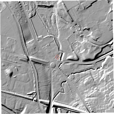 Shaded relief map of the ground around CH14AZ, computed from Environment Agency LiDAR. The ground here sits at about 6 m above sea level and falls 19 m across the surrounding 800 m. Surface water reaching this point runs off ground lying to the east-north-east, 14.1 m higher.