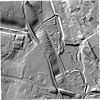 Shaded relief map of the ground around CH14BE, computed from Environment Agency LiDAR. The ground here sits at about 9 m above sea level and falls 17 m across the surrounding 800 m. Surface water reaching this point runs off ground lying to the west, 4.8 m higher.