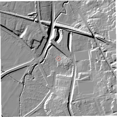 Shaded relief map of the ground around CH14BG, computed from Environment Agency LiDAR. The ground here sits at about 7 m above sea level and falls 20 m across the surrounding 800 m. Surface water reaching this point runs off ground lying to the east-south-east, 4.3 m higher.