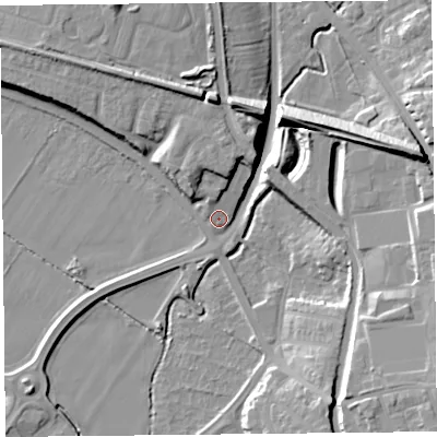 Shaded relief map of the ground around CH14BH, computed from Environment Agency LiDAR. The ground here sits at about 7 m above sea level and falls 16 m across the surrounding 800 m. Surface water reaching this point runs off ground lying to the east-north-east, 15.2 m higher.