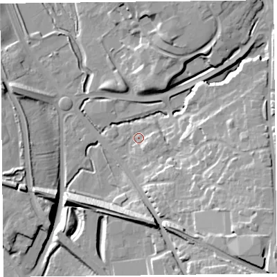 Shaded relief map of the ground around CH14BP, computed from Environment Agency LiDAR. The ground here sits at about 7 m above sea level and falls 24 m across the surrounding 800 m. Surface water reaching this point runs off ground lying to the south-east, 20.1 m higher.