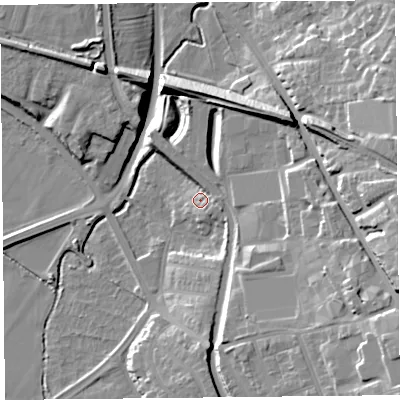 Shaded relief map of the ground around CH14BQ, computed from Environment Agency LiDAR. The ground here sits at about 9 m above sea level and falls 22 m across the surrounding 800 m. Surface water reaching this point runs off ground lying to the north, 4.4 m higher.