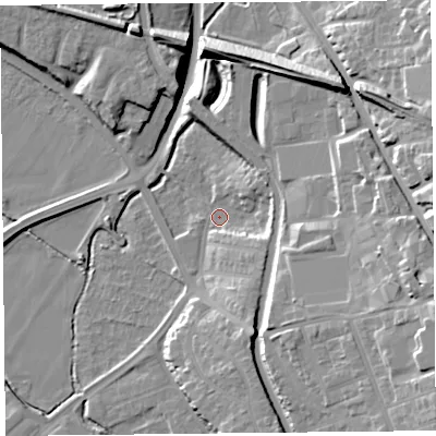 Shaded relief map of the ground around CH14BT, computed from Environment Agency LiDAR. The ground here sits at about 6 m above sea level and falls 20 m across the surrounding 800 m. Surface water reaching this point runs off ground lying to the east-south-east, 17.1 m higher.