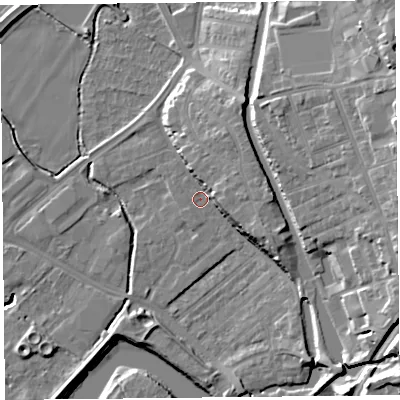 Shaded relief map of the ground around CH14DG, computed from Environment Agency LiDAR. The ground here sits at about 6 m above sea level and falls 21 m across the surrounding 800 m. Surface water reaching this point runs off ground lying to the east-south-east, 7.9 m higher.