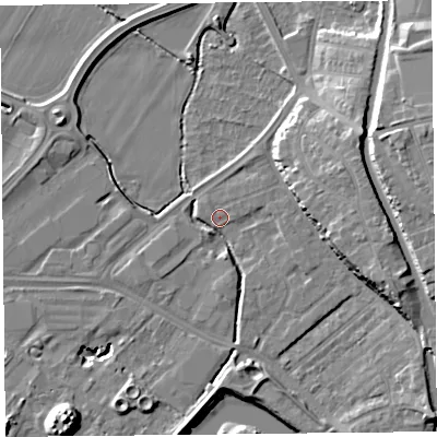 Shaded relief map of the ground around CH14DN, computed from Environment Agency LiDAR. The ground here sits at about 6 m above sea level and falls 15 m across the surrounding 800 m. Surface water reaching this point runs off ground lying to the south, 2.9 m higher.